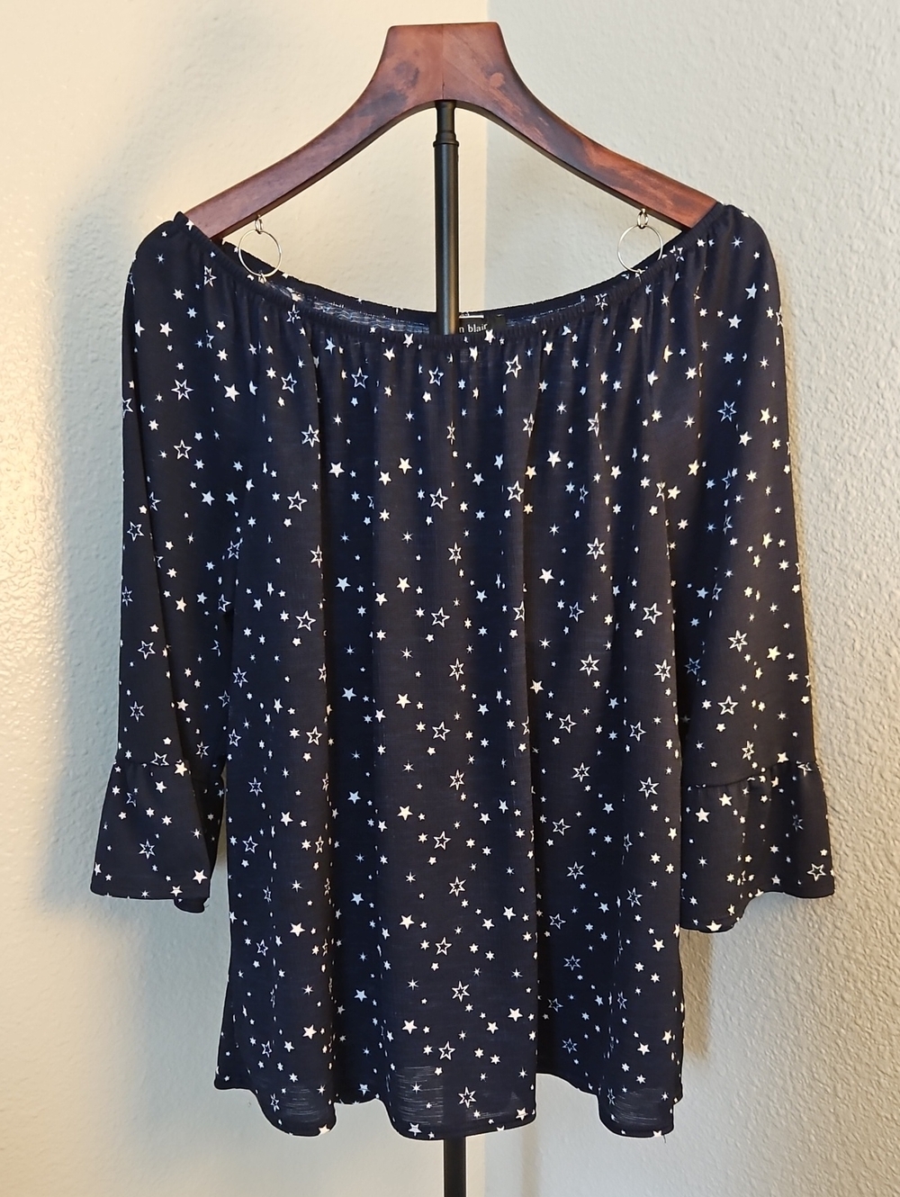 Erin Blair Celestial Star Print Off-The-Shoulder Bell Sleeve Blouse Size L